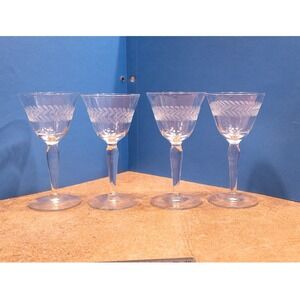 Vintage Etched Crystal Cordial Glasses Set of 4 Laurel Leaf Wheat Pattern Clear
